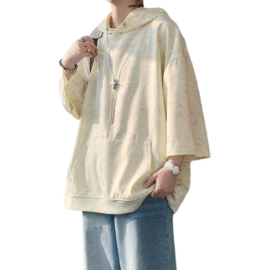 中心窩メンズ パーカー 夏服 七分袖 Tシャツ 大きいサイズ ゆったり おしゃれ タイダイデザイン フード付き 薄手 涼しい素材 アウトドア カジュアル ポケット付き プルオーバーシャツ